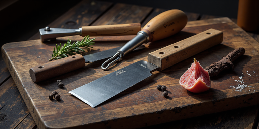 High quality kitchen tools and outdoor equipment on wooden surface with American flag detail